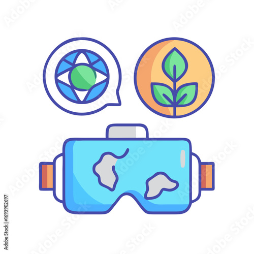 Virtual Reality Headset Displaying Globe and Plant Icons on Black Background