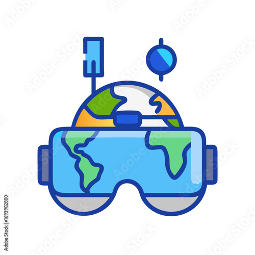 Virtual reality headset displaying Earth globe, futuristic digital exploration concept with technology