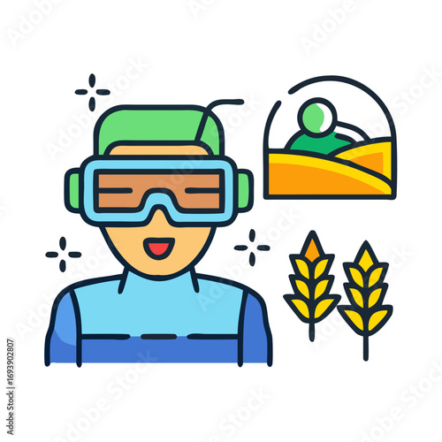 Augmented reality agriculture concept showcasing farming technology with a virtual reality headset and wheat crops