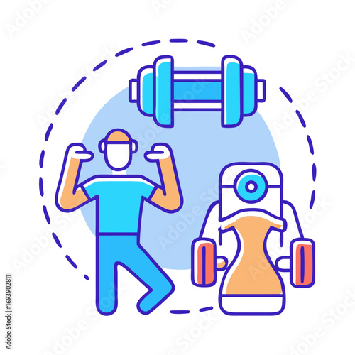 Fitness buddies illustration showcasing a man and a robot lifting weights in a gym setting