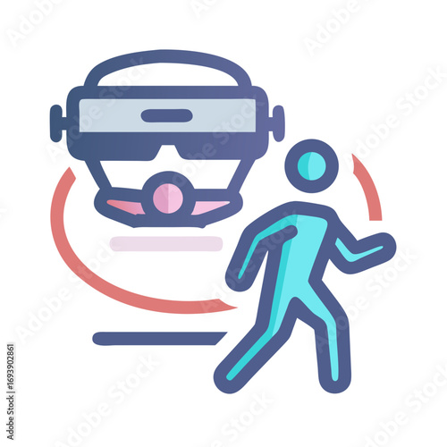 Stylized icon of a person running into a VR headset for a tech concept