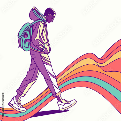 A young man with a backpack is walking on a colorful road he is wearing a hoodie and jeans, and he looks like he is going to school