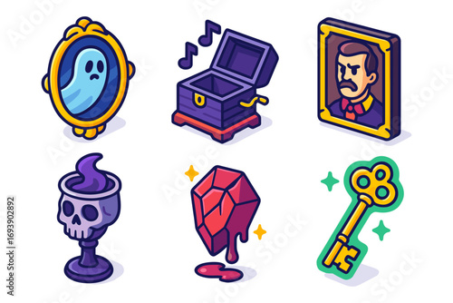 sometric haunted relics icon set ,ghost mirror, music box, cursed portrait, skull chalice, bleeding gem, magic key