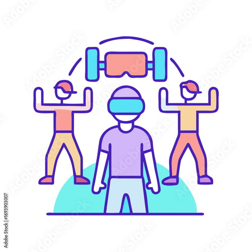 Stylized illustration of people using virtual reality technology in a connected environment