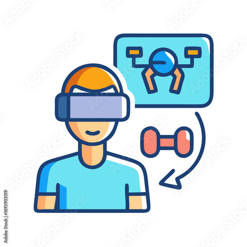 Person using VR headset with drone and weights visualization interface for fitness