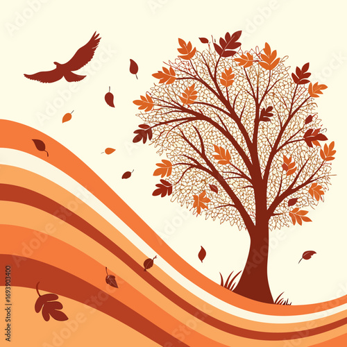 A beautiful autumn landscape with a tree, falling leaves, and a bird a serene and picturesque scene capturing the essence of fall season