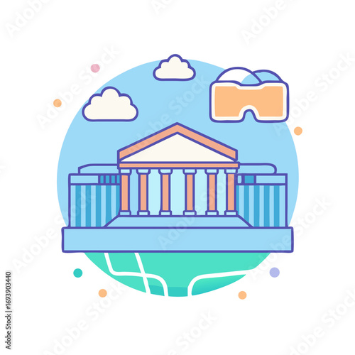 Cartoon stylized building with columns and virtual reality glasses floating in the sky