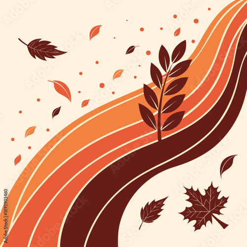 Autumn leaves falling on a windy day with orange and brown colors creating a beautiful fall season scene illustration
