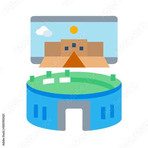 Modern flat illustration of a stadium and digital display on a solid black background.