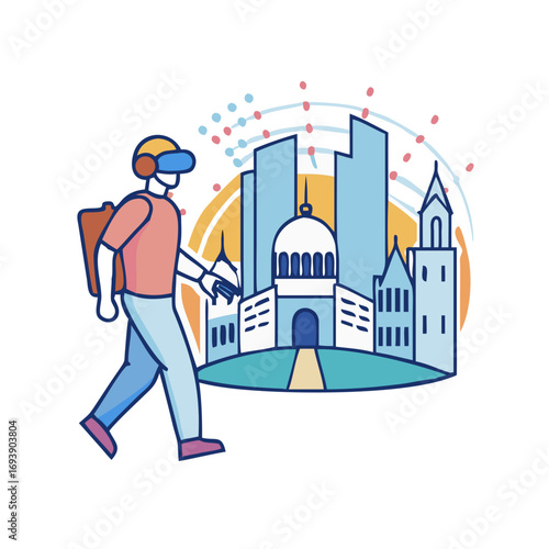 Modern Courier Walking Past Stylized Cityscape on Black Background for Delivery and Urban Themes
