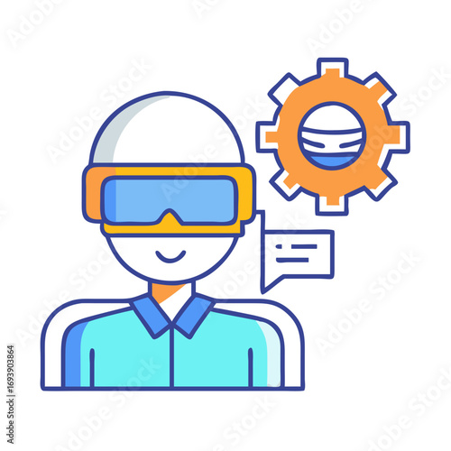 Metaverse worker wearing VR headset with cog and chat bubble over black background