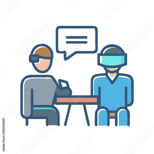 Two people using VR headsets sitting at a table and discussing business