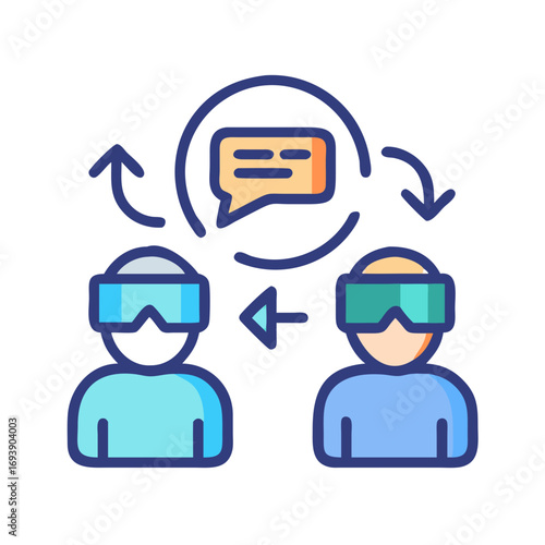 Virtual reality communication: Two avatars with VR headsets sharing ideas in a digital space