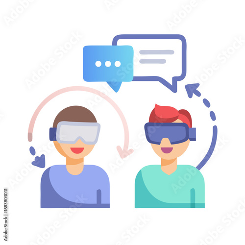 Two people communicating virtually through VR headsets showing connection and interaction concept