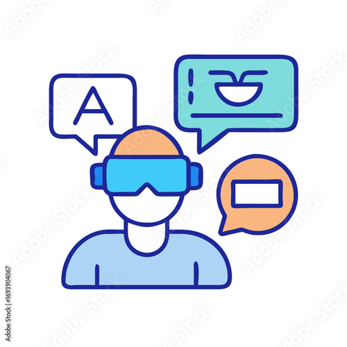 Person wearing VR headset surrounded by speech bubbles representing various digital communications and interfaces