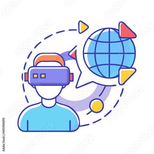 Illustration of a person using a VR headset with a globe and shapes