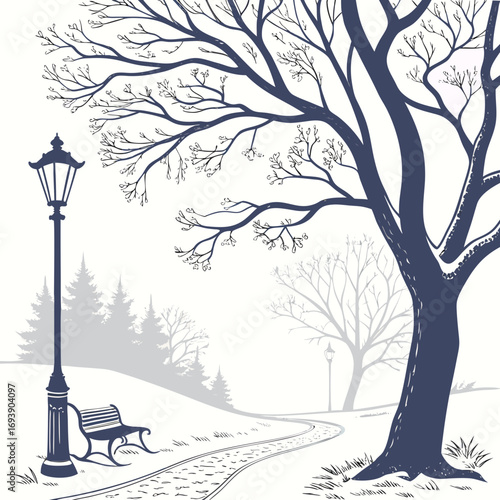 Winter park scene with a snowy path, bare tree, bench, and lamppost serene and peaceful atmosphere in a minimalist style