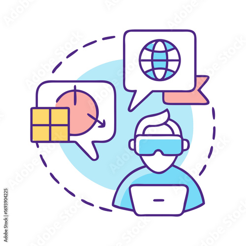 Vector illustration of a person using VR while accessing global information and managing tasks.