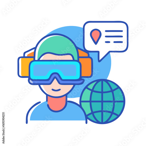 Person in VR headset with global connection and location data flat design illustration