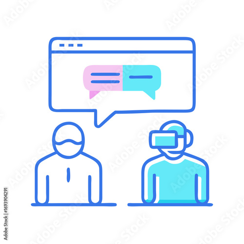 Virtual communication concept featuring two individuals in a digital dialog graphic