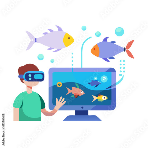 Virtual Reality Aquarium: Child Interacting with Digital Fish in VR Simulation