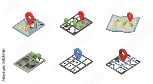Isometric Map Vector Icon Set Location Pins & Navigation