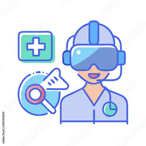 Virtual reality in medical training illustration, doctor wearing VR headset graphic illustration
