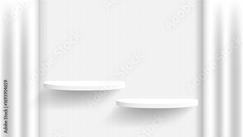 3d white pedestal with curtain and toilet wall