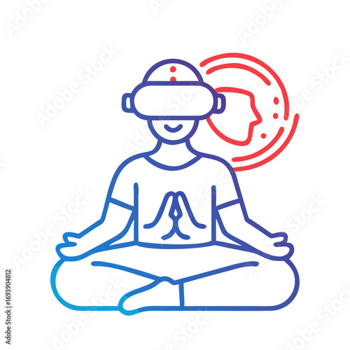 Meditating figure in virtual reality headset with glowing aura line art design
