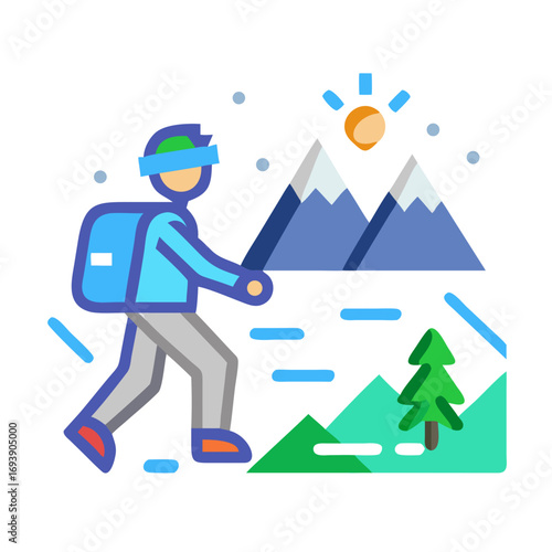 Flat vector illustration of hiker with backpack walking in mountain nature landscape