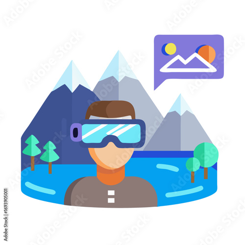 Virtual Reality Landscape Experience: A User Immersed in a Digitally Rendered Mountain Scene
