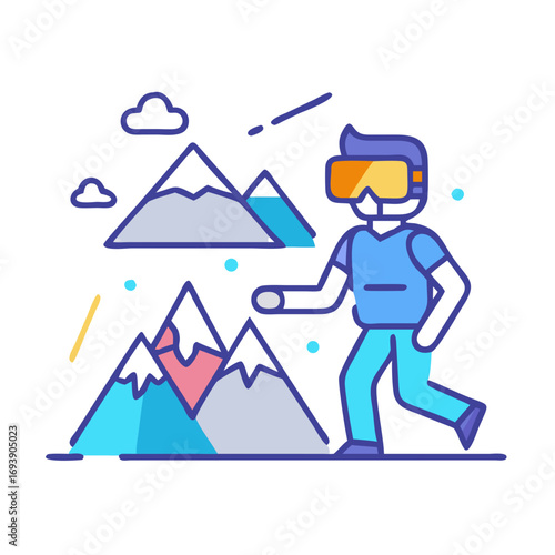 Flat vector illustration of a man in virtual reality interacting with mountains in cyberspace