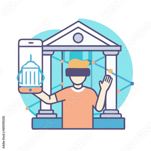 VR banking experience illustration with a customer using a mobile banking application and virtual reality