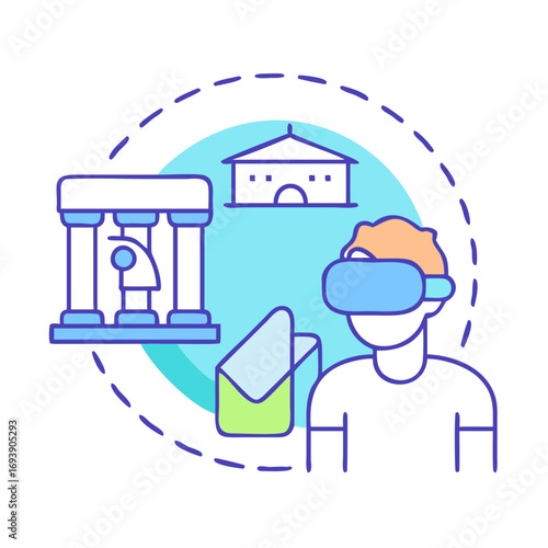 Exploring cultural heritage with virtual reality experience of museum, building, and envelope in light blue sphere