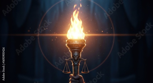 Illuminated, stylized torch with fiery flame held up against a dark background, a circle of light surrounding it. Scales of justice present
