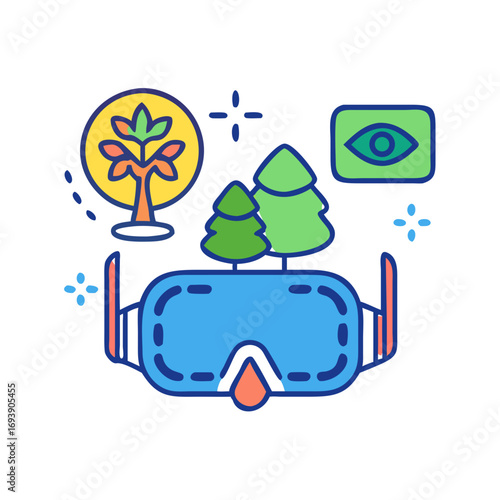 Virtual Reality Simulation of Nature with Tree and Eye Icons on Black Background