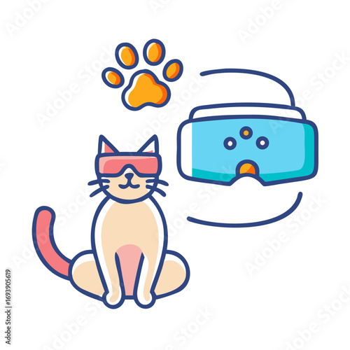 Cartoon cat wearing virtual reality glasses with headset and paw print on black background