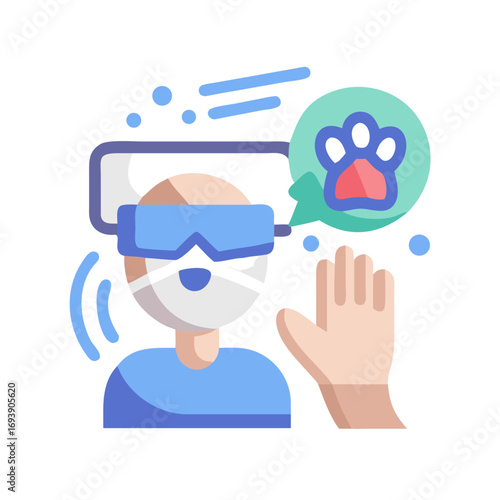 Man wearing VR headset interacting with pet paw graphic in virtual reality environment