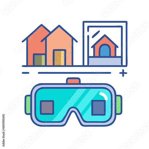 Conceptual digital illustration of virtual reality and real estate exploration with VR glasses and cartoon houses