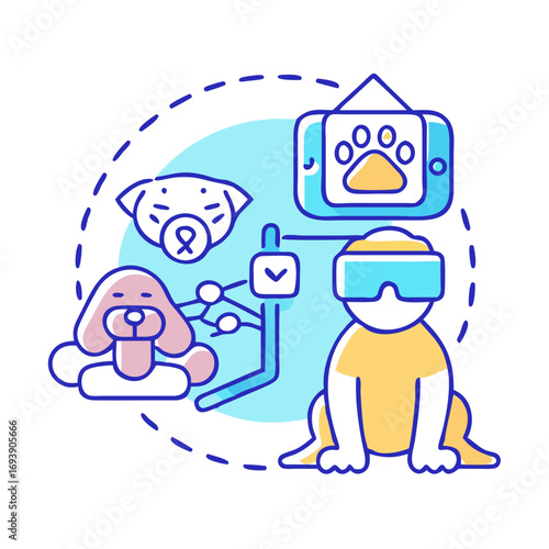 Virtual pet care technology illustrated with stylized dog and augmented reality elements