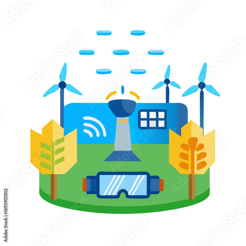 Conceptual flat illustration of sustainable technology, VR and agriculture with wind turbines and connectivity