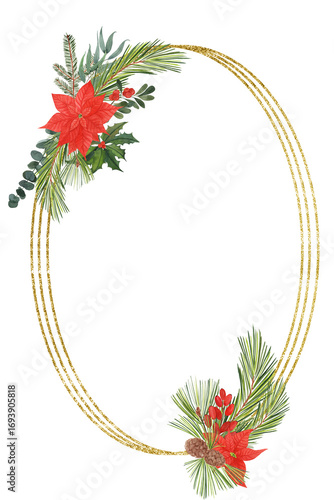 Watercolor elegant golden oval Christmas frame with poinsettia flowers, white hellebore, fir and pine branches, holly, and winter greenery Perfect for holiday cards, invitations, and festive d