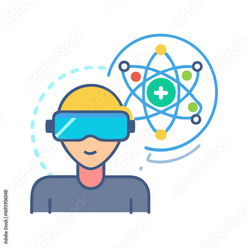 Young student in VR glasses visualizes molecular structure in augmented reality learning environment