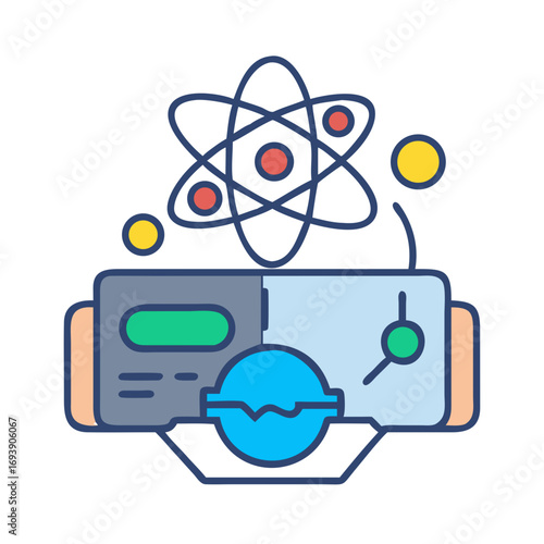 Stylized vector illustration of a science experiment with atom and VR glasses on black