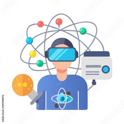 Person in VR Headset Exploring Virtual Science Concepts in a Flat Style Illustration