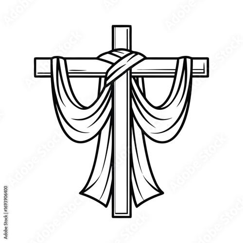 A stylized black and white line drawing of a christian cross adorned with draped fabric creating a symbolic representation of faith and religious devotion