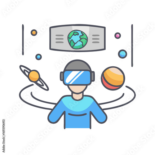 Person Using Virtual Reality Headset Exploring the Solar System and Space Elements