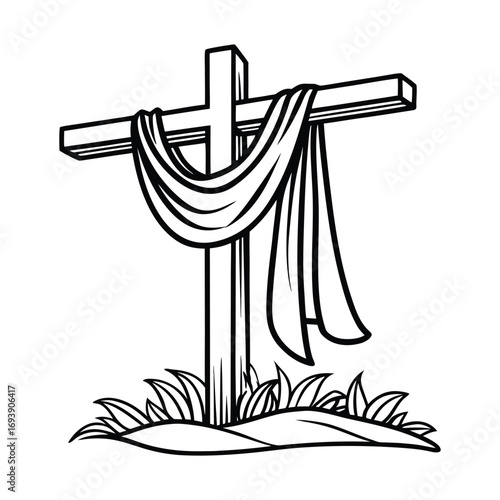 A simple black and white line drawing of a wooden cross adorned with a draped cloth standing in a patch of grass