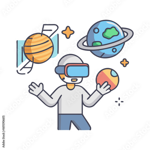 Man in VR headset exploring simulated planets and objects in a digital universe