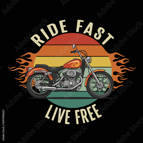 Vintage Motorcycle 'Ride Fast Live Free' Illustration with Retro Sunset and Flames